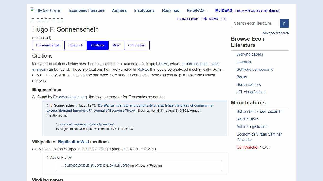 Hugo F. Sonnenschein | IDEAS/RePEc